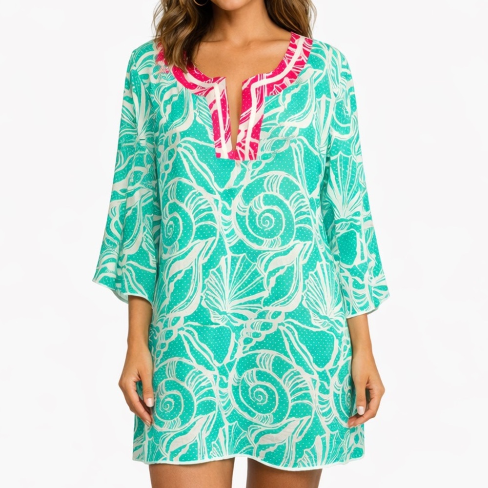 Lilly Pulitzer Teal & White Seashell Tunic Coverup with Pink Neckline